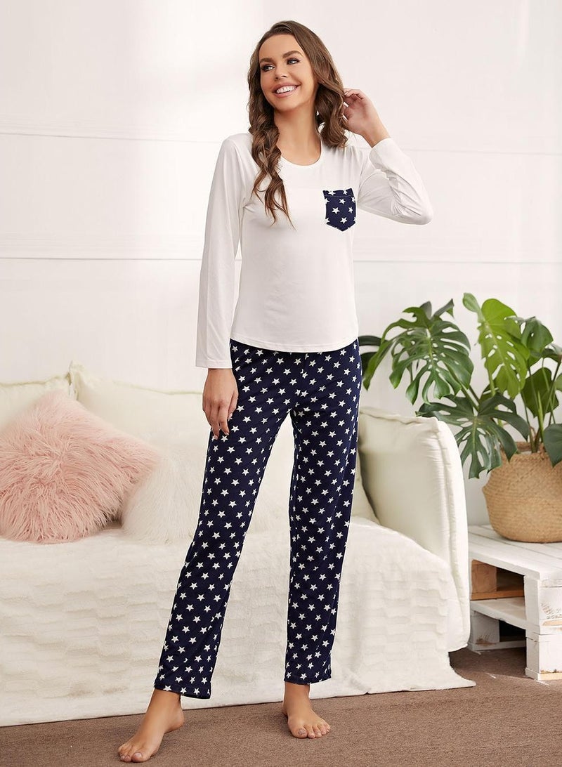 Loquat Women's Star Printed Loose 2-Piece Set Pajamas Long Sleeve Top And Pants Soft Loungewear Nightgown Suit Leisure Wear - Image 1