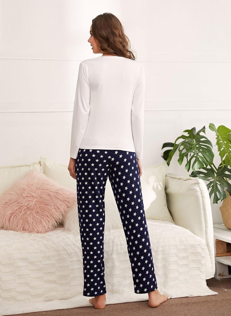 Loquat Women's Star Printed Loose 2-Piece Set Pajamas Long Sleeve Top And Pants Soft Loungewear Nightgown Suit Leisure Wear - Image 3