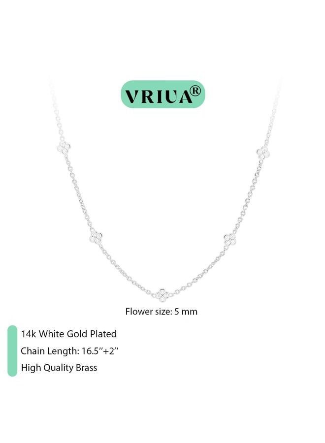 VRIUA Diamond Necklaces for Women - 14K Gold/Silver Gold Plated Dainty Necklace for Women Simple Five Diamond Flower Clover Butterfly Heart Star Necklace Trendy Gold Jewelry, White Gold Plated, Cubic - Image 4