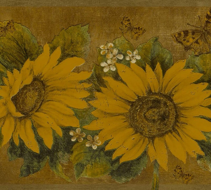 Dundee Deco Wallpaper Border Peel and Stick DDAZBD9004 Floral Yellow Mustard Sunflowers Butterflies Wall Border Retro Design 15 ft x 7 in 457m x 1778cm Self Adhesive