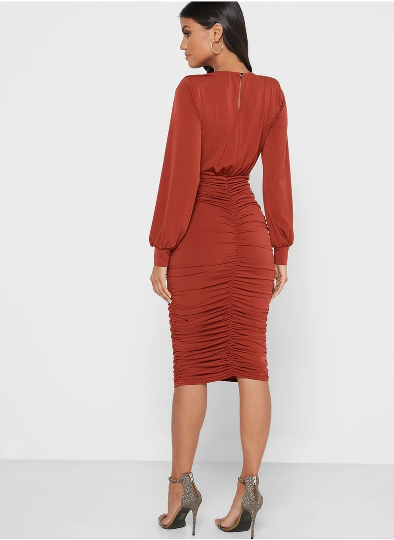 John Zack Ruched Midi Dress