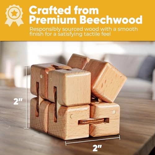 BUNMO Infinity Cube Fidget Toy - Stocking Stuffers for Teens - Teen Boy Toys - Fidgets for Adults - Smooth Folding Pocket Fidget, Natural Wood Sensory Cube for Desk or Travel - 1 Pack Beech Wood - Image 2
