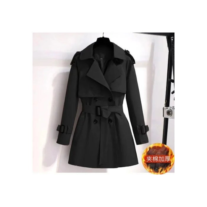 Windbreaker Womens New Explosive Coat Mid-length Korean Style Small British Style High-end Coat black [padded]]  - Image 1