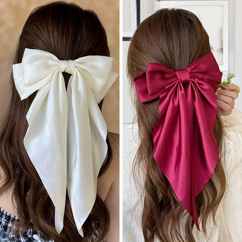 ChicTresses Off White and Red Hair Bows for Women - Barette Clip - Premium Luxury Silky Satin Bow Clips for Girls - Cute Accessories - Image 4