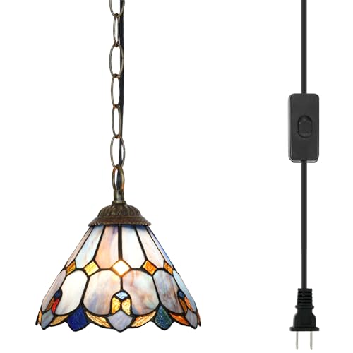 Blivuself Tiffany Pendant Hanging Light Plug in Light Fixture Vintage Purple Stained Glass Hanging Lamp for Home Decor Dining Living Room Study Hallway Kitchen Island - Image 1