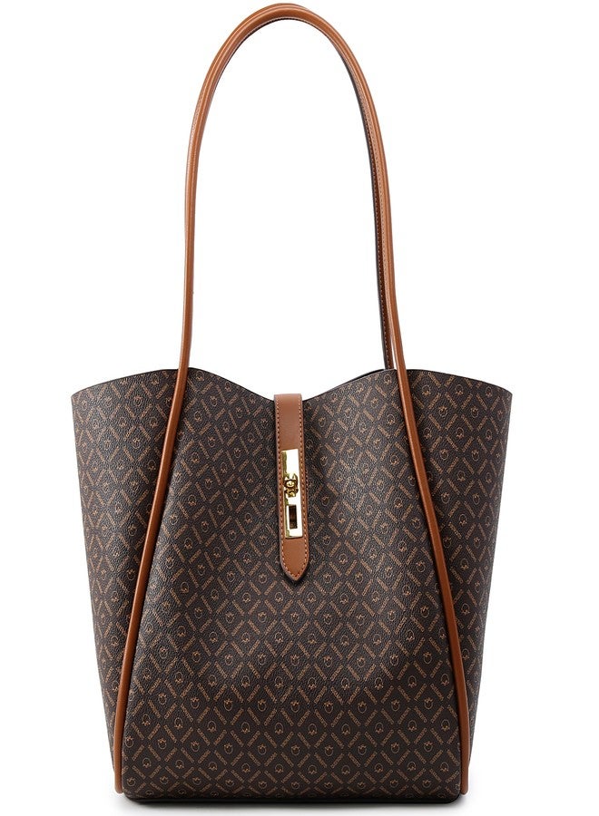 Queenoris Tote Bag for Women, Top-handle Shoulder Handbag Large Capacity Purese Designer Retro Bag with Clutch (Dark Coffee Brown) - Image 1
