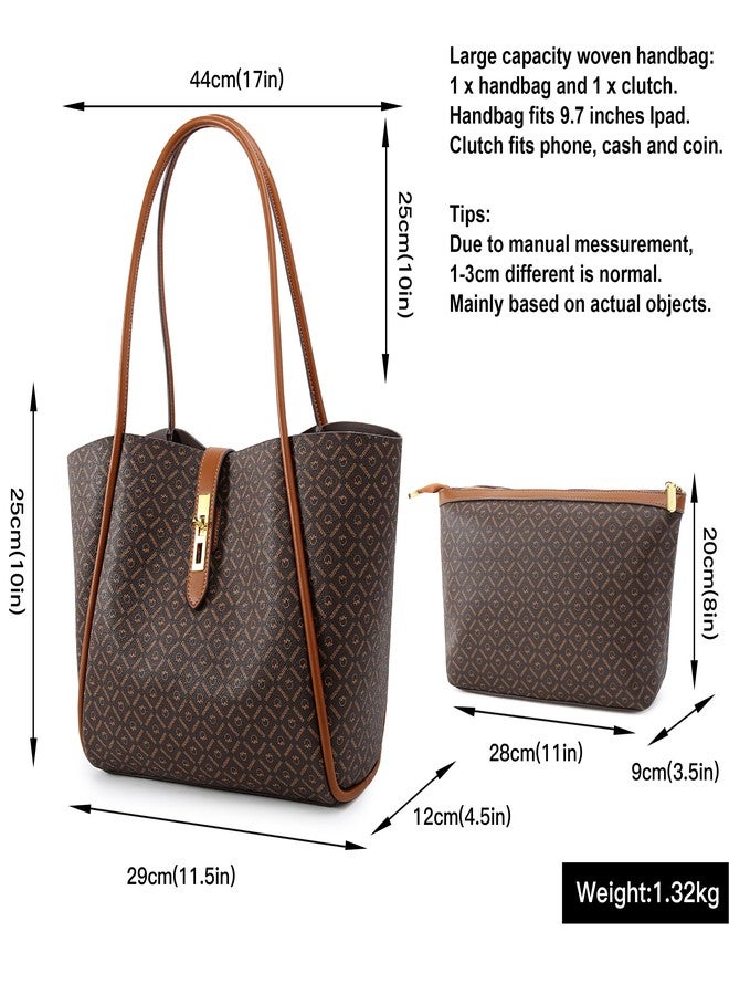 Queenoris Tote Bag for Women, Top-handle Shoulder Handbag Large Capacity Purese Designer Retro Bag with Clutch (Dark Coffee Brown) - Image 3