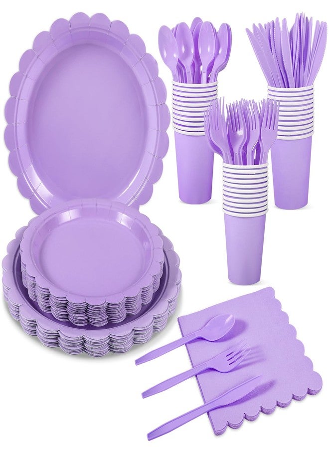 Xiangqu 175 Pcs Lavender Paper Plates and Napkins, Light Purple Party Supplies Include Scalloped Mothers Day Plates Napkin Cup Plastic Cutlery for Spring Garden Party, Baby Shower, Wedding - Image 1