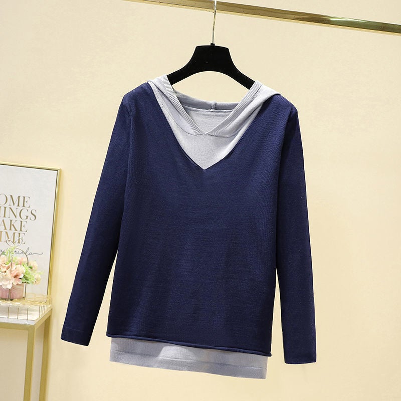 Spring Artistic Retro Knitted Linen Fake Two-piece T-shirt Womens Loose Hooded Knitted Cotton Thin Top Navy blue - Image 1