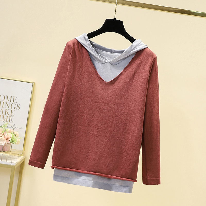 Spring Artistic Retro Knitted Linen Fake Two-piece T-shirt Womens Loose Hooded Knitted Cotton Thin Top Navy blue - Image 2