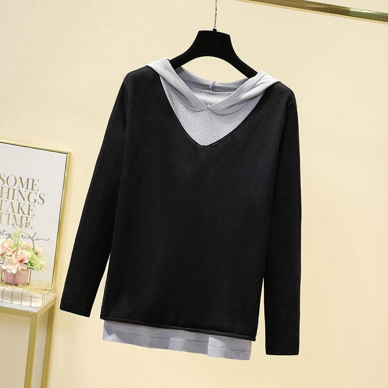 Spring Artistic Retro Knitted Linen Fake Two-piece T-shirt Womens Loose Hooded Knitted Cotton Thin Top Navy blue - Image 4