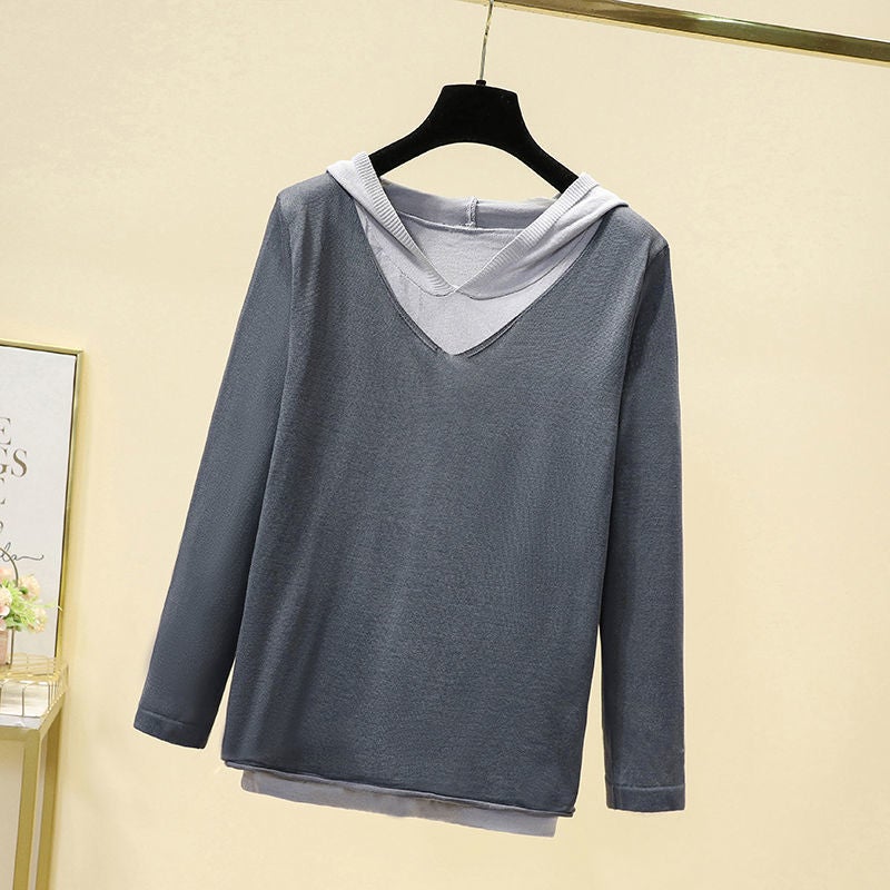 Spring Artistic Retro Knitted Linen Fake Two-piece T-shirt Womens Loose Hooded Knitted Cotton Thin Top Navy blue - Image 3