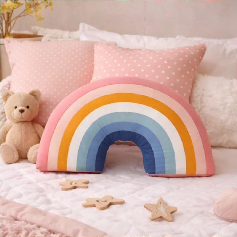 Peach Cuddle Cute Rainbow Shaped Velvet Fluffy Cushion for Kids Room, Living Room, Bedroom, Luxury Furnishing, Throw Pillow (16x18 inch, Blue) Rainbow Cushion - Image 2
