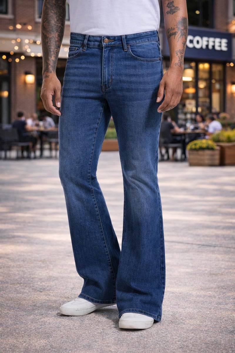 Ben Martin Men’s Dark Blue Bootcut Bell Bottom Jeans || Flared Denim Jean for Men || Stretchable Mid Rise Cotton Pants || Retro Style Casual Wear Bootcut' Denim' Jeans:, 32 - Image 5