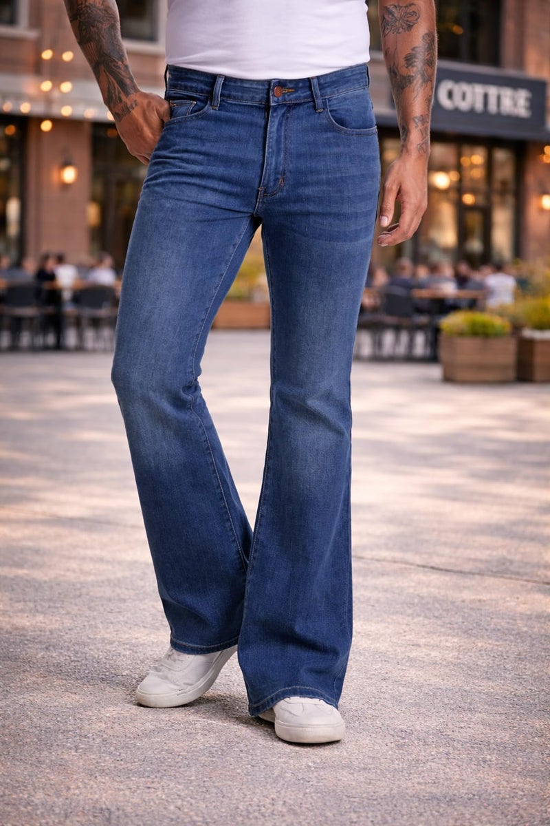 Ben Martin Men’s Dark Blue Bootcut Bell Bottom Jeans || Flared Denim Jean for Men || Stretchable Mid Rise Cotton Pants || Retro Style Casual Wear Bootcut' Denim' Jeans:, 32 - Image 2