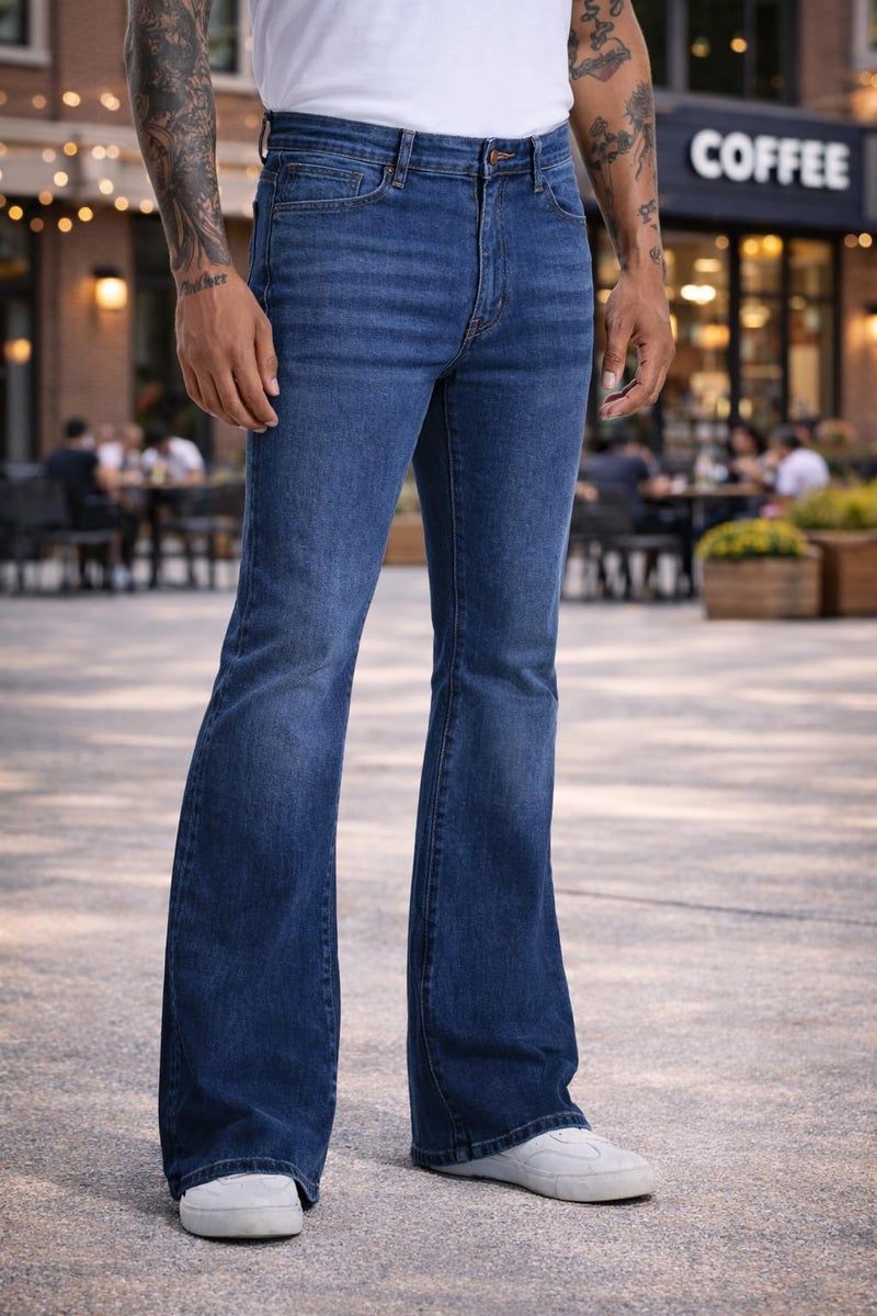 Ben Martin Men’s Dark Blue Bootcut Bell Bottom Jeans || Flared Denim Jean for Men || Stretchable Mid Rise Cotton Pants || Retro Style Casual Wear Bootcut' Denim' Jeans:, 32 - Image 4
