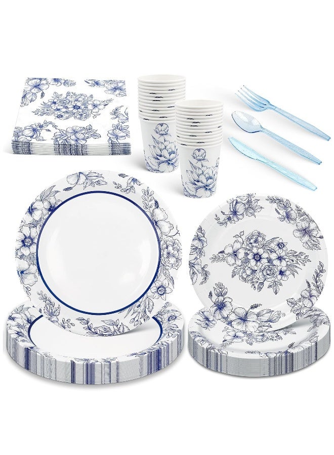 Floral Blue and White Party Supplies Set - 168 Pcs Disposable Decorations with Paper Plates, Cups, Knives, Forks, and Spoons for 24 Guests. Perfect for Celebrations!