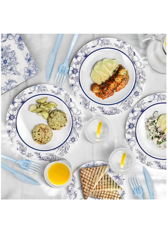 Floral Blue and White Party Supplies Set - 168 Pcs Disposable Decorations with Paper Plates, Cups, Knives, Forks, and Spoons for 24 Guests. Perfect for Celebrations!