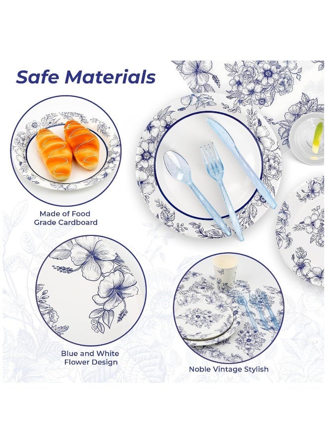Floral Blue and White Party Supplies Set - 168 Pcs Disposable Decorations with Paper Plates, Cups, Knives, Forks, and Spoons for 24 Guests. Perfect for Celebrations!