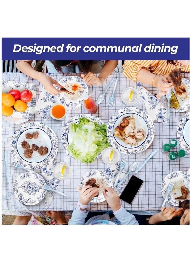 Floral Blue and White Party Supplies Set - 168 Pcs Disposable Decorations with Paper Plates, Cups, Knives, Forks, and Spoons for 24 Guests. Perfect for Celebrations!