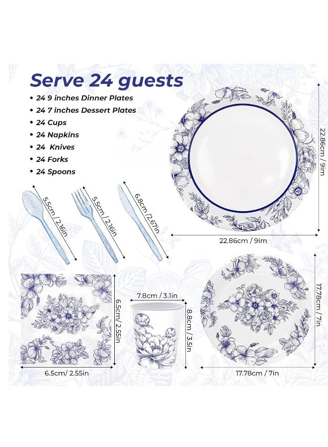 Floral Blue and White Party Supplies Set - 168 Pcs Disposable Decorations with Paper Plates, Cups, Knives, Forks, and Spoons for 24 Guests. Perfect for Celebrations!