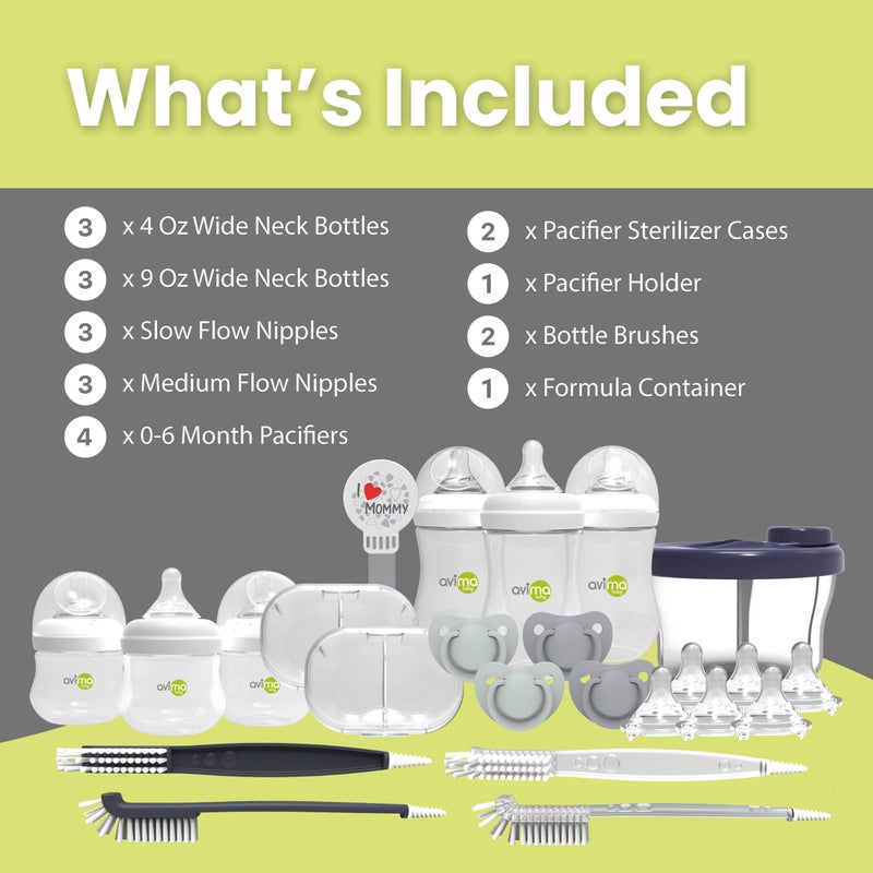 AVIMA Anti Colic Baby Bottle Starter Set - 22 Pieces, Medium & Slow Flow Nipples, Infant Pacifiers, Formula Dispensers & More - Baby Bottle Sets for Newborn 0-6 Months - Image 2