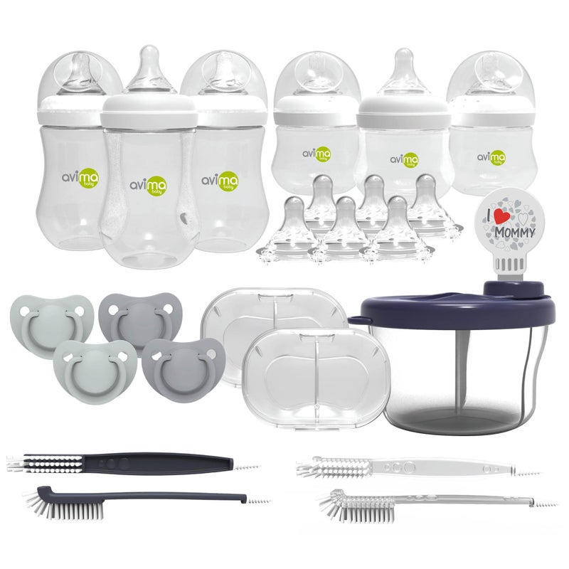 AVIMA Anti Colic Baby Bottle Starter Set - 22 Pieces, Medium & Slow Flow Nipples, Infant Pacifiers, Formula Dispensers & More - Baby Bottle Sets for Newborn 0-6 Months - Image 1