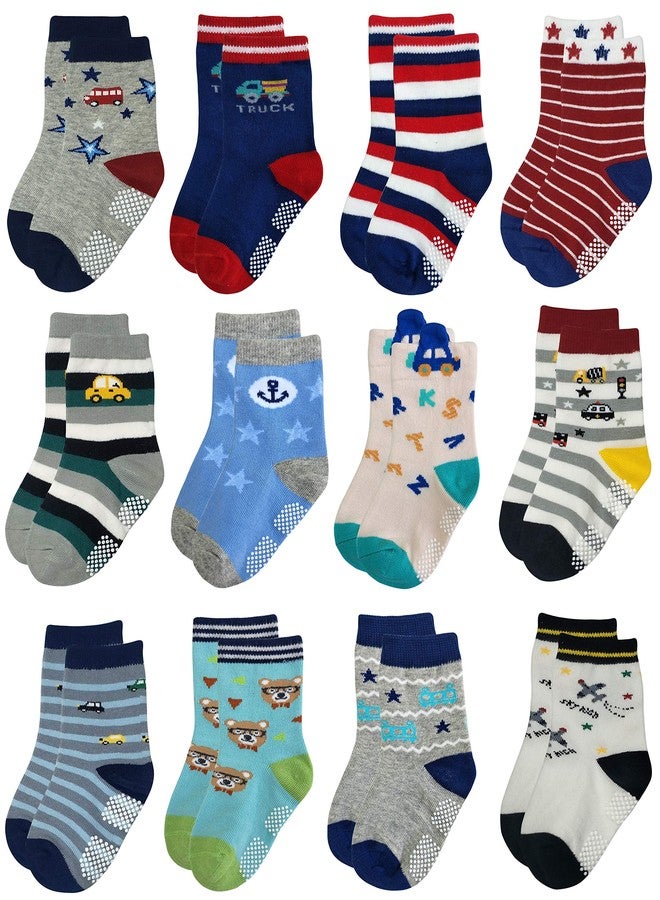 RATIVE Non Skid Anti Slip Crew Socks With Grips for Baby Infant Toddlers Kids Boys, 12-pairs/Rb-713915, 3-5T - Image 1
