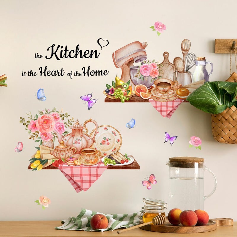 SWORNA 3D Utensils Kitchen Wall Decals Peel and Stick Vinyl Coffee Stickers Murals Pioneer Woman Cooking Theme Floral Decor with Pink Flowers and Butterflies for Dining Room Decoration - Image 1