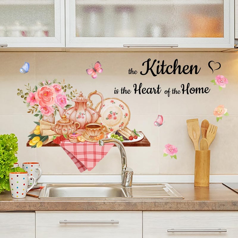 SWORNA 3D Utensils Kitchen Wall Decals Peel and Stick Vinyl Coffee Stickers Murals Pioneer Woman Cooking Theme Floral Decor with Pink Flowers and Butterflies for Dining Room Decoration - Image 3