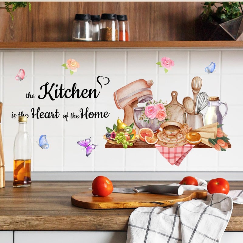SWORNA 3D Utensils Kitchen Wall Decals Peel and Stick Vinyl Coffee Stickers Murals Pioneer Woman Cooking Theme Floral Decor with Pink Flowers and Butterflies for Dining Room Decoration - Image 5