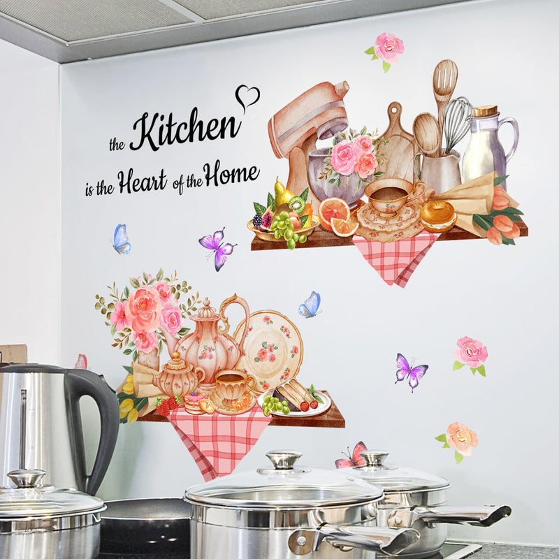 SWORNA 3D Utensils Kitchen Wall Decals Peel and Stick Vinyl Coffee Stickers Murals Pioneer Woman Cooking Theme Floral Decor with Pink Flowers and Butterflies for Dining Room Decoration - Image 2