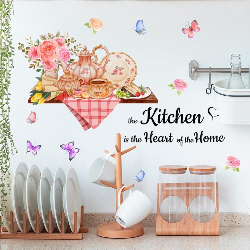 SWORNA 3D Utensils Kitchen Wall Decals Peel and Stick Vinyl Coffee Stickers Murals Pioneer Woman Cooking Theme Floral Decor with Pink Flowers and Butterflies for Dining Room Decoration - Image 4