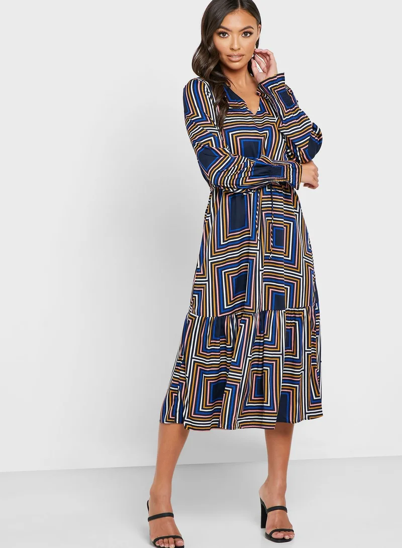 VERO MODA V-Neck Tie Waist Printed Dress