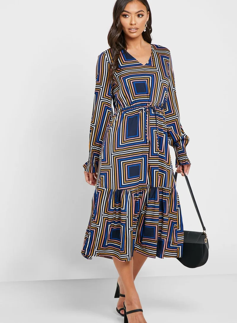 VERO MODA V-Neck Tie Waist Printed Dress