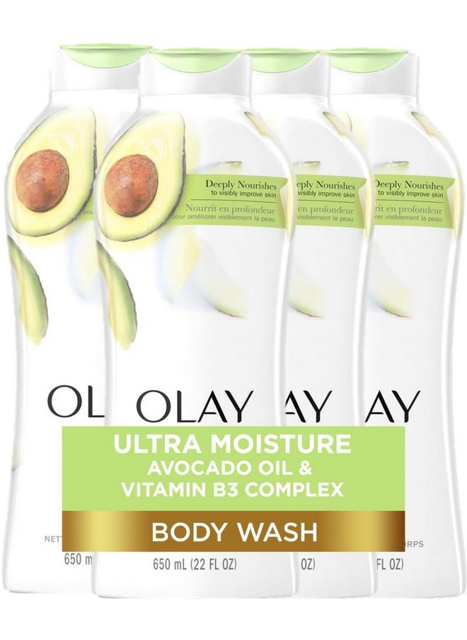 Olay Olay Ultra Moisture Body Wash for Women, Deeply Nourishes, Vitamin B3 Complex, Clinically Proven, Avocado Oil Scent, 22 Fl Oz (Pack of 4)  - Image 1