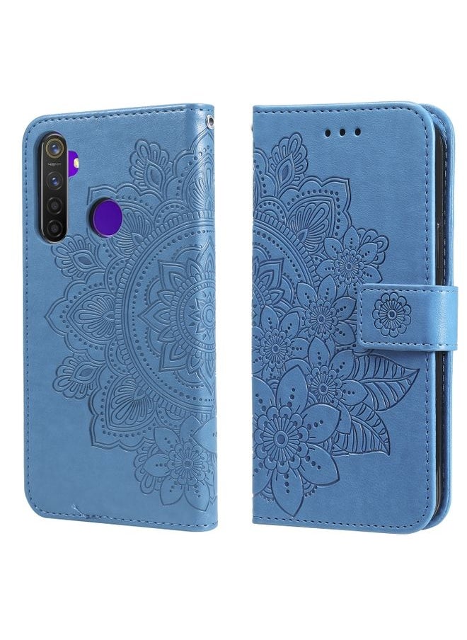 HuHa Case Cover For Realme 5 / Realme 5s / Realme C3 7-petal Flowers Embossing Pattern Horizontal Flip PU Leather Case with Holder & Card Slots & Wallet & Photo Frame Blue 