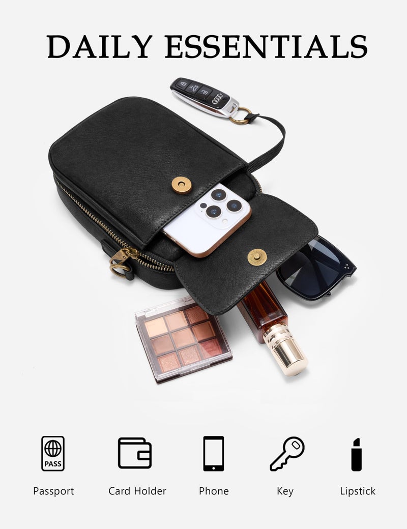 Yarnic Small Crossbody Bag, Vegan Leather Cell Phone Purse for Women, Vintage Wallet Bag with Card Slots (Black-wide strap A) - Image 3