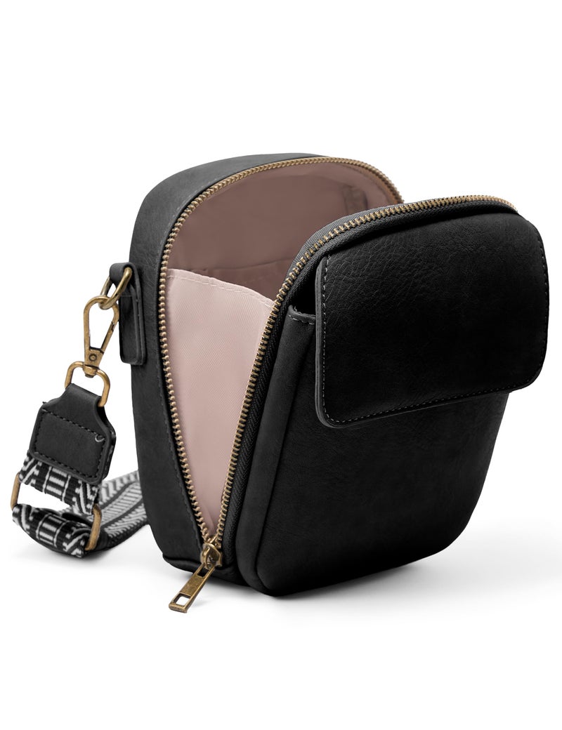 Yarnic Small Crossbody Bag, Vegan Leather Cell Phone Purse for Women, Vintage Wallet Bag with Card Slots (Black-wide strap A) - Image 1