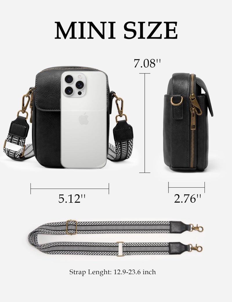Yarnic Small Crossbody Bag, Vegan Leather Cell Phone Purse for Women, Vintage Wallet Bag with Card Slots (Black-wide strap A) - Image 2