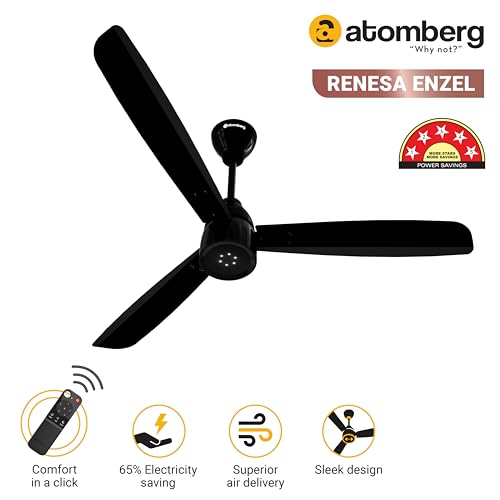 atomberg Renesa Enzel 1200mm BLDC Ceiling Fan with Remote | 5 star | Advance Air+ Technology | LED Speed Indicator | Low Noise | Sleek Design | Power Saving | 3 Year Warranty | Gloss Black - Image 2