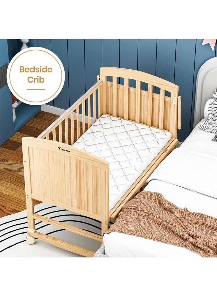 XiuWoo 7 in 1 Convertible Kids Bed and Bedside Crib with Mattress, Mosquito net and Detachable Wheels Natural Wood  - Image 5