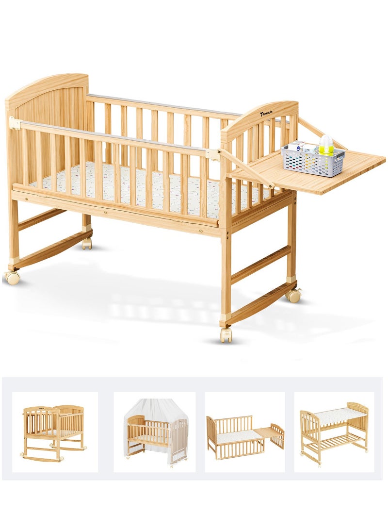 XiuWoo 7 in 1 Convertible Kids Bed and Bedside Crib with Mattress, Mosquito net and Detachable Wheels Natural Wood  - Image 1