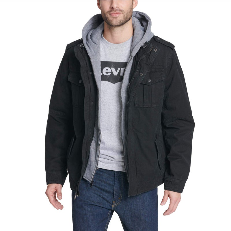Levi's Men's Washed Cotton Military Jacket with Removable Hood (Standard and Big & Tall), Black, 4X Big - Image 3