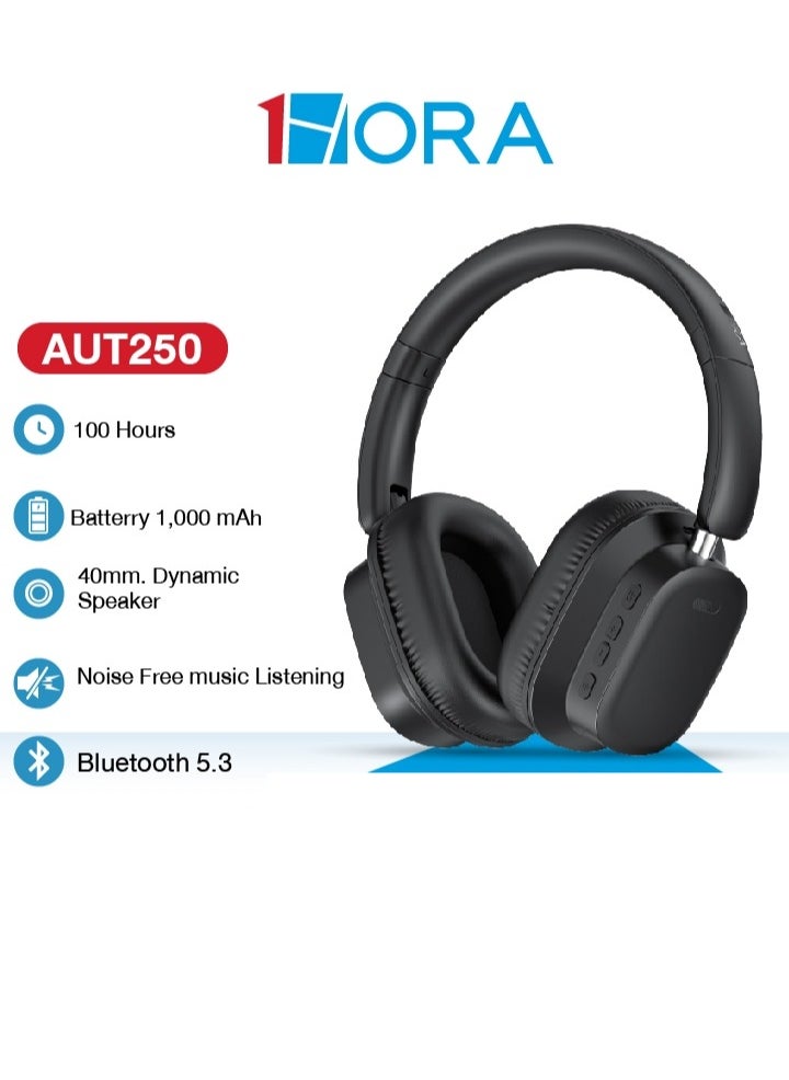 1Hora Over-Ear Wireless Headphone with 100hrs of  Playback , Lightweight Foam Ear Cups Noise Reduction Foldable Design and Rotatable Bluetooth 5.3 Ideal for Travel, Work, Gamimg, TV AUT250 - Black  - Image 1