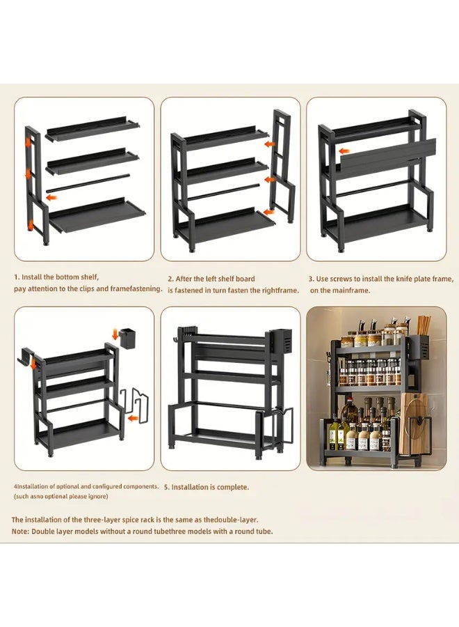 بلومنغ تايم منظم سطح المطبخ ثلاثي الطبقات، رف توابل من الفولاذ الكربوني وحامل أدوات لعيدان تناول الطعام والسكاكين وزجاجات صلصة الصويا - رف تخزين موفر للمساحة للخزائن وأسطح العمل والمخزن (أسود) - Image 4