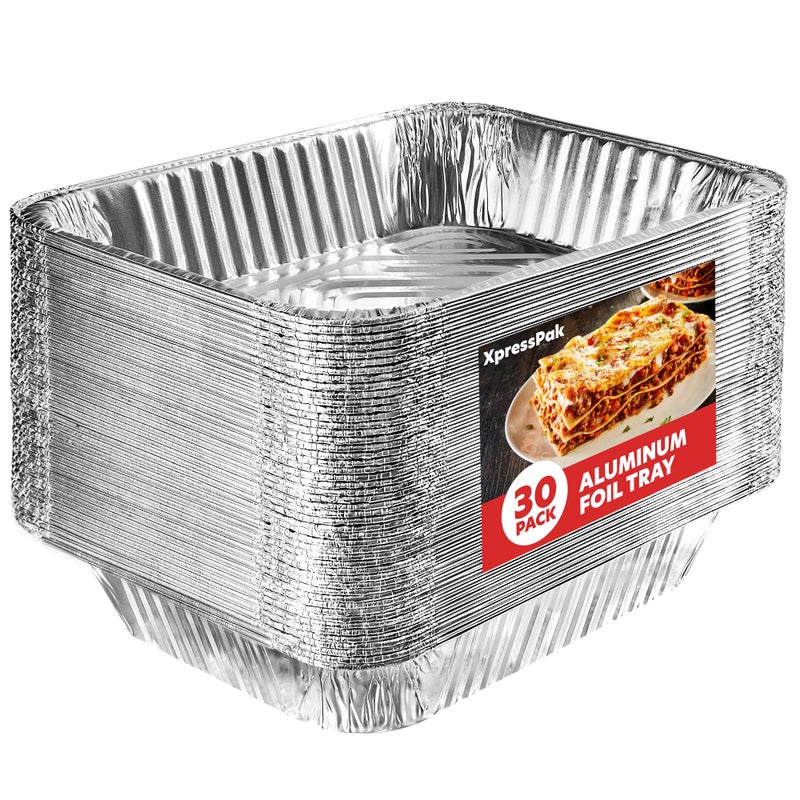 XpressPak Large Aluminium Foil Trays  30Pack Value  Disposable Baking Foil Pans  32X26 cm  10X12 inches  Half Size Deep Steam Table Pans for Baking Roasting  Food Prepping