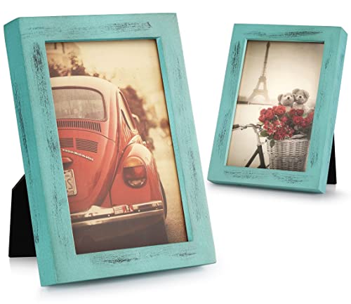 إطار صور إمفوجو 4x6 عبوة من 2 إطار صور مع زجاج حقيقي خشب صلب إطار صور ريفي 4x6 للعرض في ديكور الجدران لون تركوازي عتيق