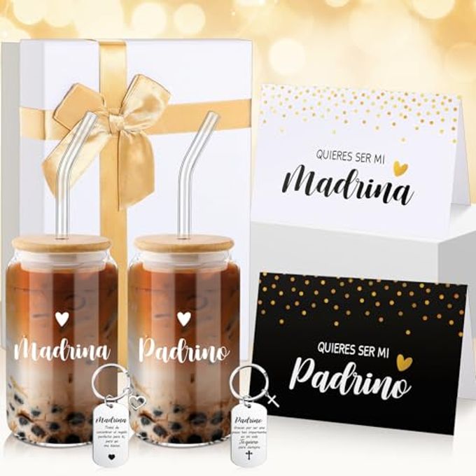 Qinyoung 7 Pcs Godparents Proposal Gift Will You Be My Godmother Godfather Padrino Madrina with Glass Cup Keychains Cards Box from Godchild for Baptism Birthday Gift(Madrina Coffee Cup)