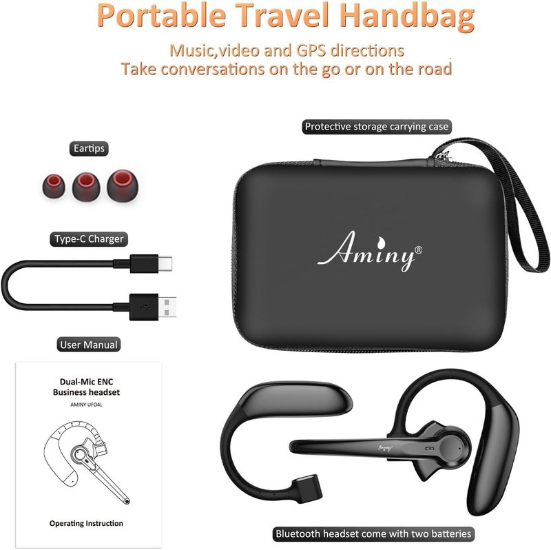 AMINY Wireless Bluetooth Headset with Microphone 30 Hrs Talking Time V5.3 Auriculares Bluetooth Earpiece,AI Noise Cancelling Bluetooth Earphones for Trucker Office Home